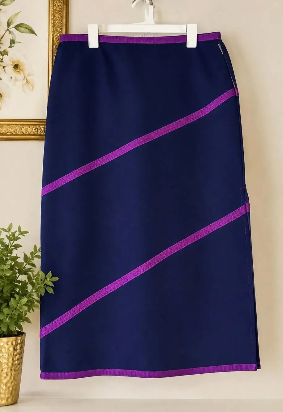 US Jean Club Vintage Navy Blue and Purple Striped Midi Skirt Size 16